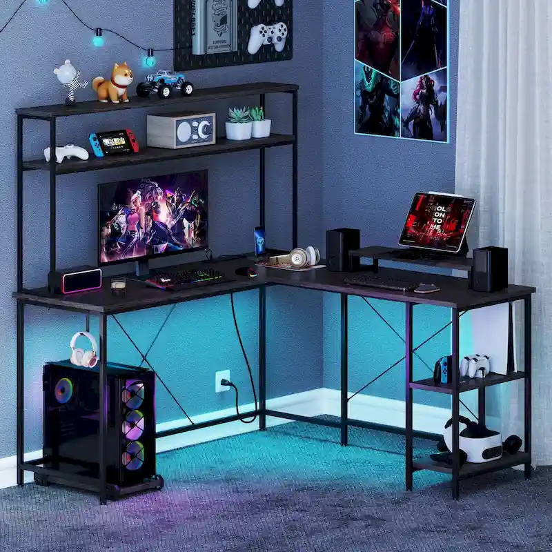 L-Shaped Gaming Desk with LED Strip & Power Outlets