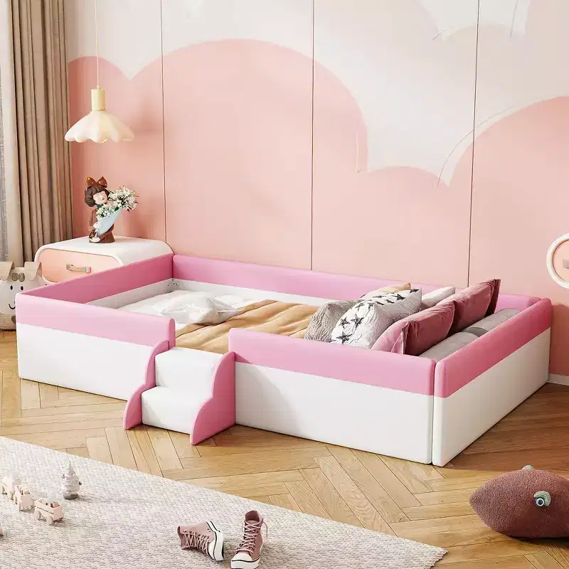 Twin/Full/Queen Size Floor Daybed Frame with Fence and Stairs, PU Upholstered Floor Bedframe for Girls Boys for Living Room