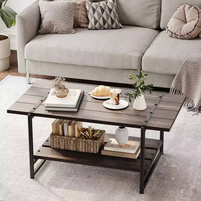 41 Rustic Farmhouse Coffee Table, Modern Minimalist Wood and Metal Living Room Table, 2 Tie Rectangle Center Table with Storage