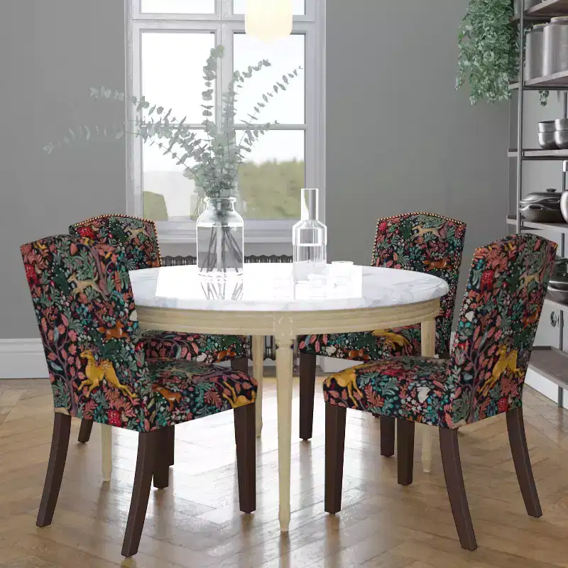 Nail Button Patterned Dining Chair Navy: Upholstered Linen-Cotton Blend, Camel Back Design, Tapered Wooden Legs