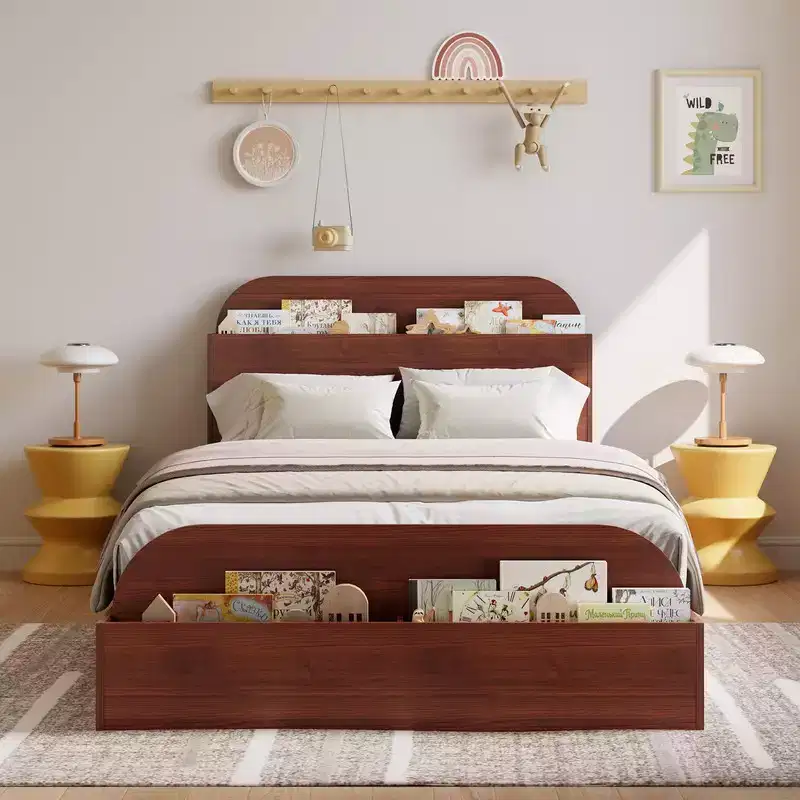Coolmee Twin XL Size Bed Frame, Wooden Beds with Storage Headboard and Raised-Footboard, Twin XL-Floor Low Platform Bed for Bedroom