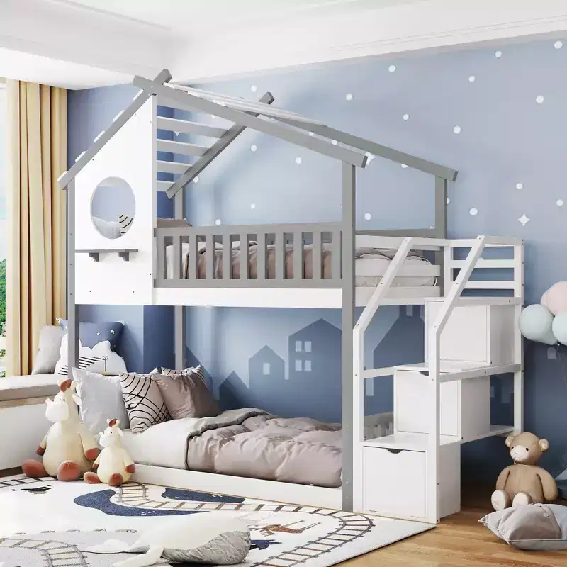 House Shape Twin-Over-Twin Double Bunk Bed with Storage Stairs - ModernLuxe