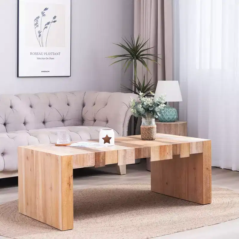 Modern Rustic Rectangular Wood Coffee Table with Slatted Design