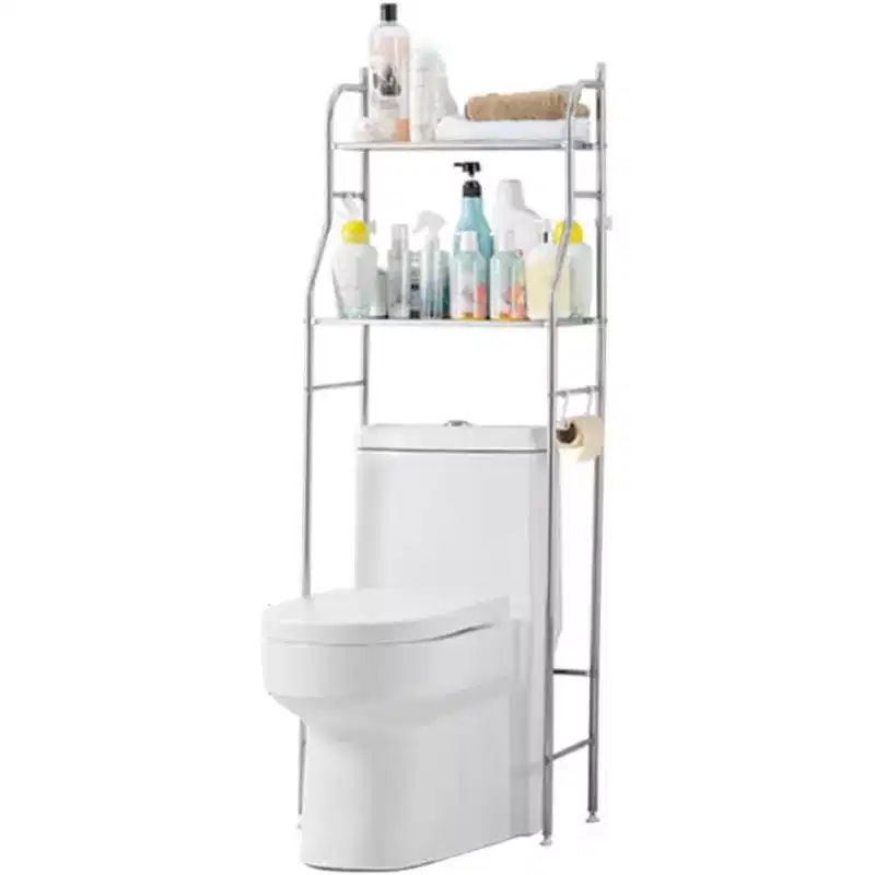 Over The Toilet Storage Cabinet, Metal, Paper Holder & Hooks, No Drill Floor Standing, White