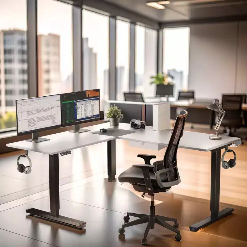 Mount-It! XL Electric Height Adjustable Corner Standing Desk, Black Frame and White Tabletop