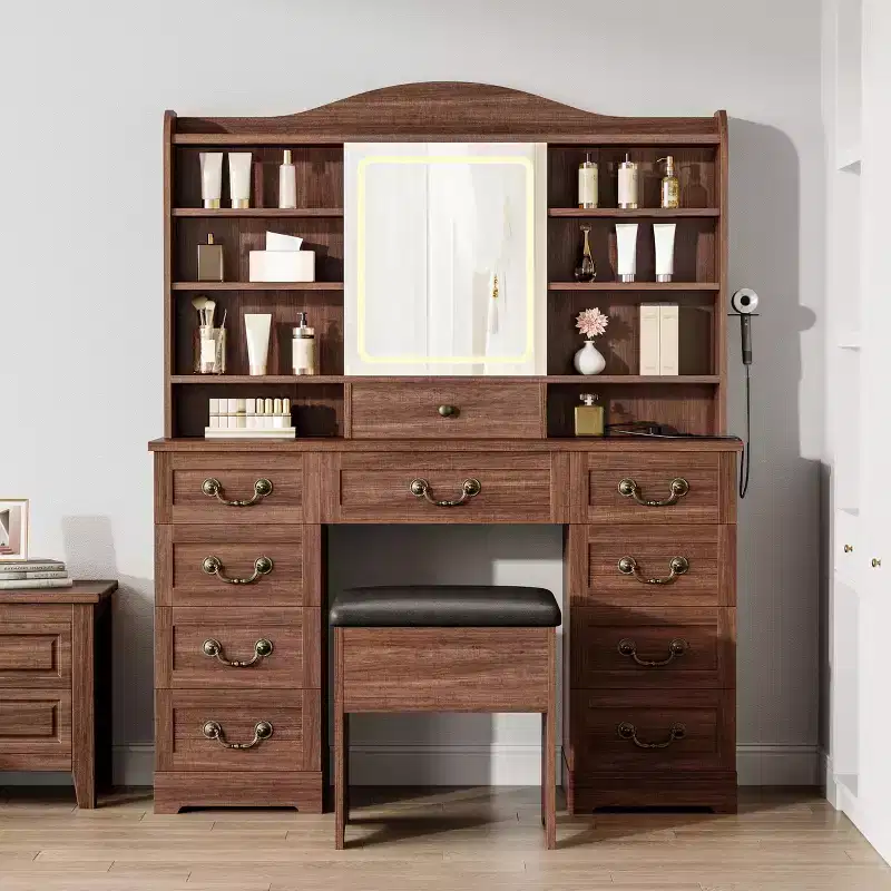 47 Makeup Vanity Desk with Mirror and Lights, Large Dressing Table with 10 Drawers & 8 Open Storage & Stool, Makeup Table Set for Bedroom