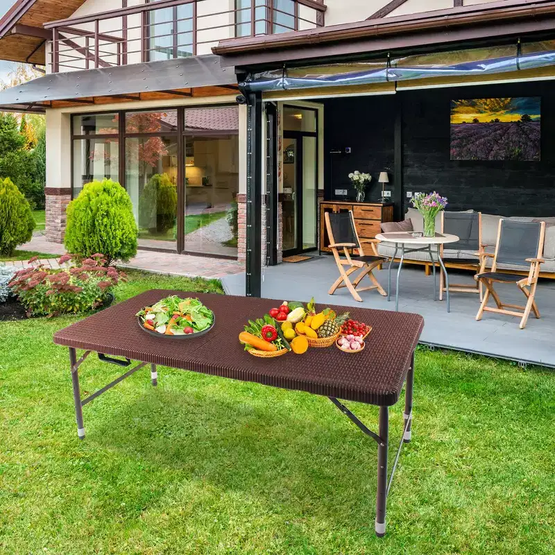 Whisen 4ft Outdoor Rattan Folding Game Table, Patio Portable Plastic Waterproof Card Table, High Load Bearing Foldable Banquet Table