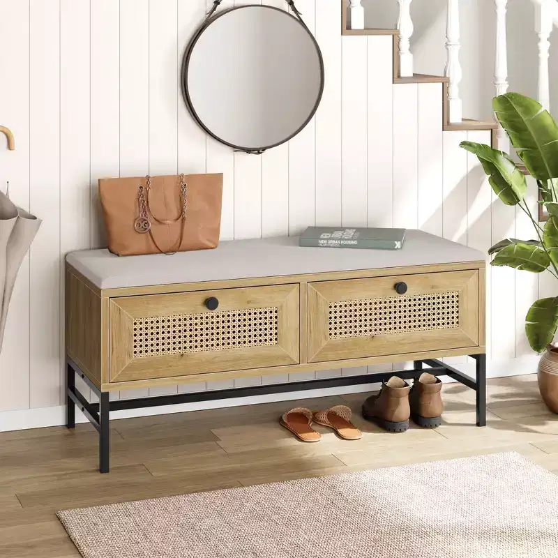 Rattan Shoe Bench with Storage Drawer, Wooden Entryway Bench with Linen Seat Cushion for Hallway and Bedroom