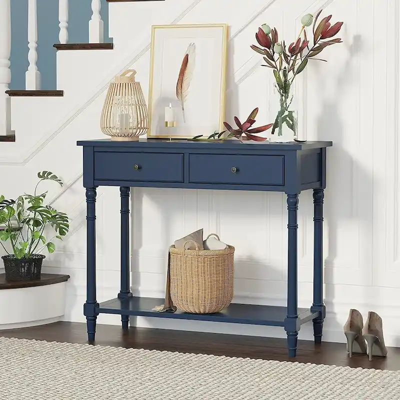 Console Table with 2 Drawers & Bottom Shelf – Blue / White / Walnut / Black / Dark Walnut, Solid Rubberwood, Single