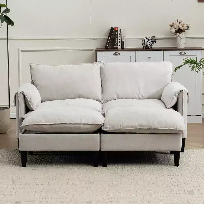 Modern Upholstered 2-Seater Sofa with Storage Ottomans, for Living Room, Bedroom, Office or Small Spaces