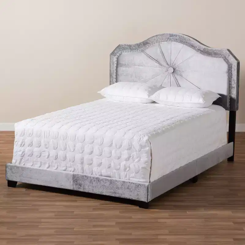 Queen Velvet Fabric Upholstered Bed Gray Modern Tufted Glossy Finish