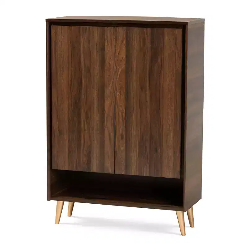 Landen Mid - Century Modern 2 Doors Shoe Storage Cabinet Walnut/Brown/Gold - Baxton Studio: MDF Entryway Organizer, Holds 4 Pairs