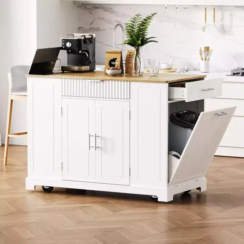5-Tier Grooved Kitchen Island with Trash Bin Storage Cabinet, Built-in Outlet Shelving, 3 Drawers, 3 Open Side Racks, White