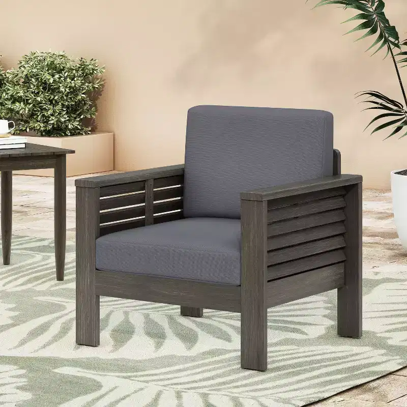 Okak Outdoor Acacia Wood Club Chairs with Cushions, Farmhouse Porch Chairs with Fixed Armrest, Patio Chair for Backyard, Garden