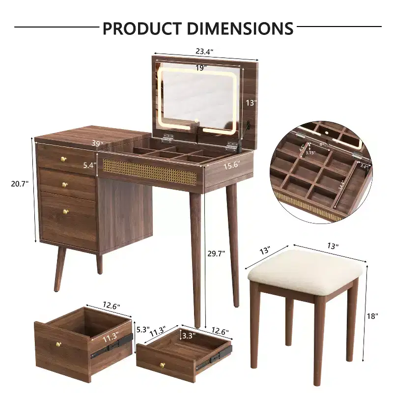 Retro Style Vanity Desk with Stool, Mirror, LED Lights, Flip-Top Tabletop, 3 Drawers & 10 Compartments, Makeup Dressing Table for Bedroom, Walnut