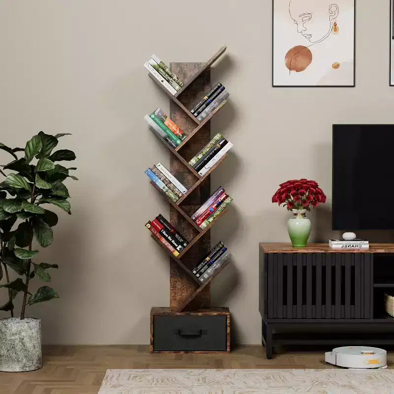 9-Tier Tree Bookshelf, Tall Narrow Floor Bookcase with Storage Drawer, Organizer for Books, CDs, Bedroom, Living Room, Home Office