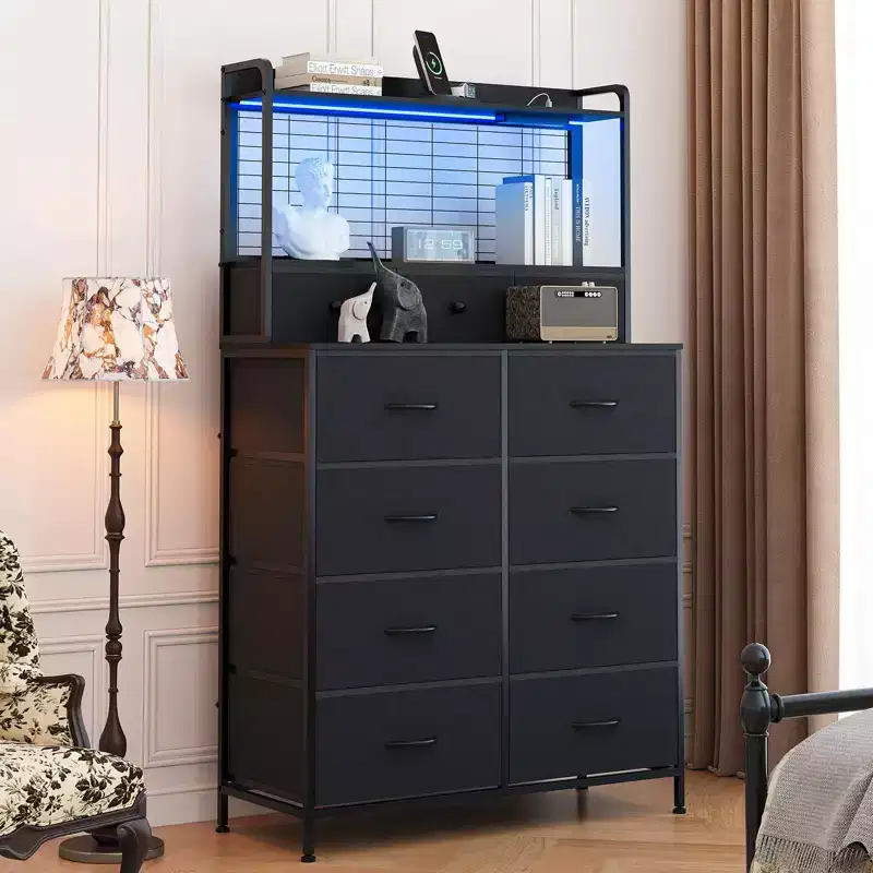Dresser, Smart Dresser with 11 Fabric Drawers, Built-in Charging Station & App-Controlled RGB , White Industrial
