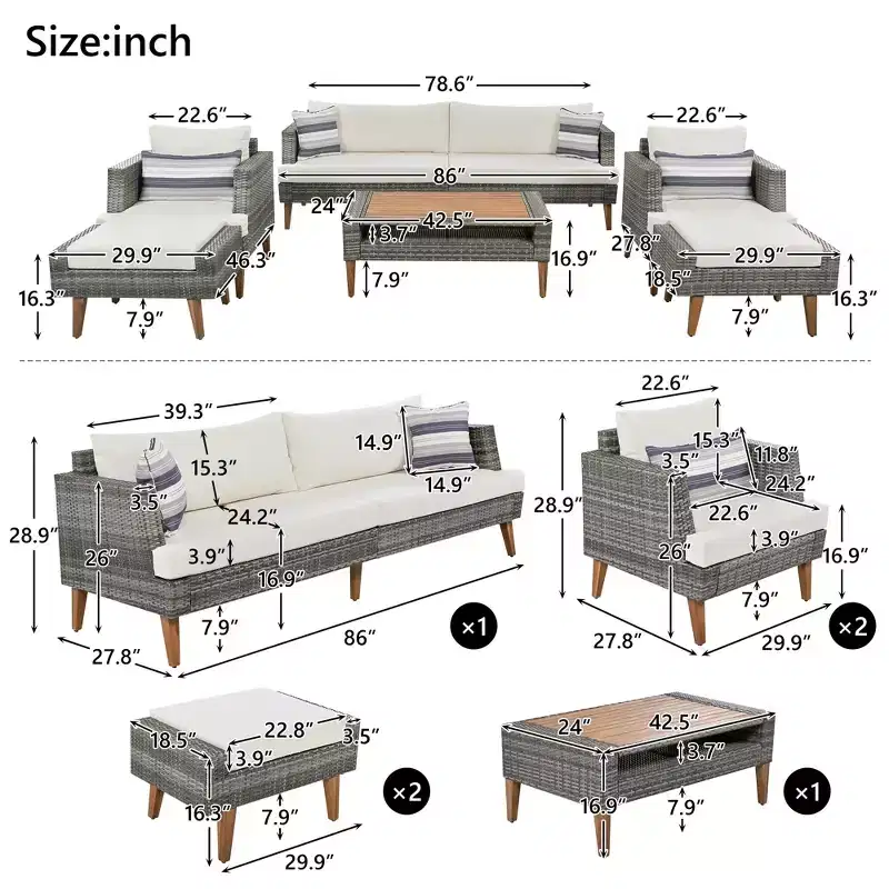 GDFStudio Arthur Patio Modern PE Wicker 6-Piece Conversation Set with Table and Cushions