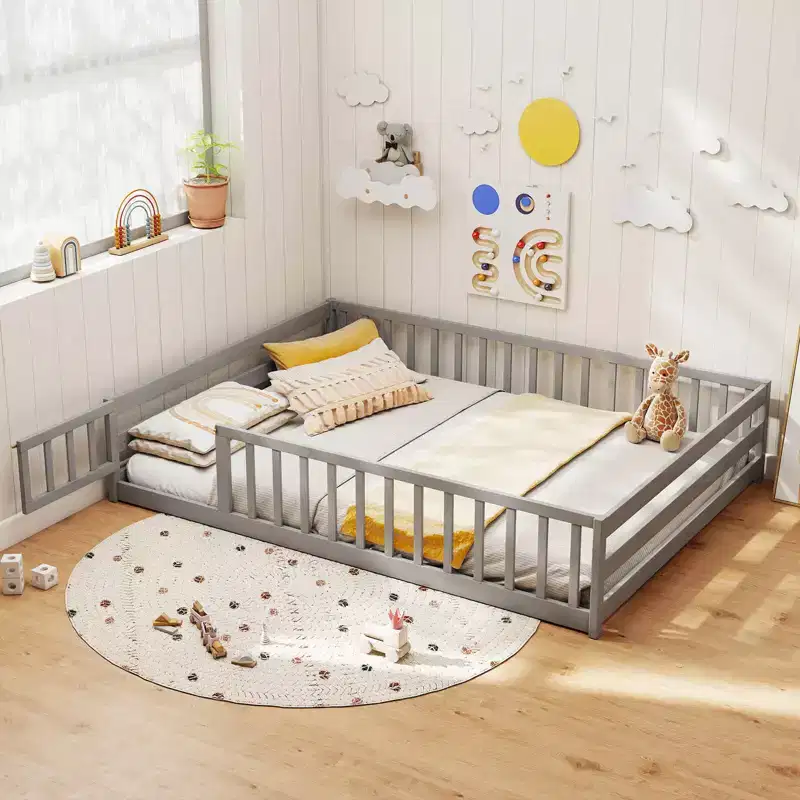 Full Size Floor Bed with Full Length Safety Guardrails and Door for Kids, Multiple Colors