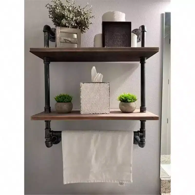 Industrial Pipe Shelf 2 Tiered Metal Towel Racks Bathroom 20 Inch Rustic Wood Wall Mount Shelf with Bar Iron Towel Holder
