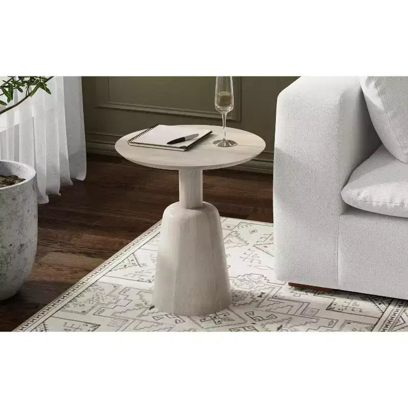 SOLID MANGO WOOD 18 inch Wide Round Contemporary Side Table in White Wash, Fully Assembled