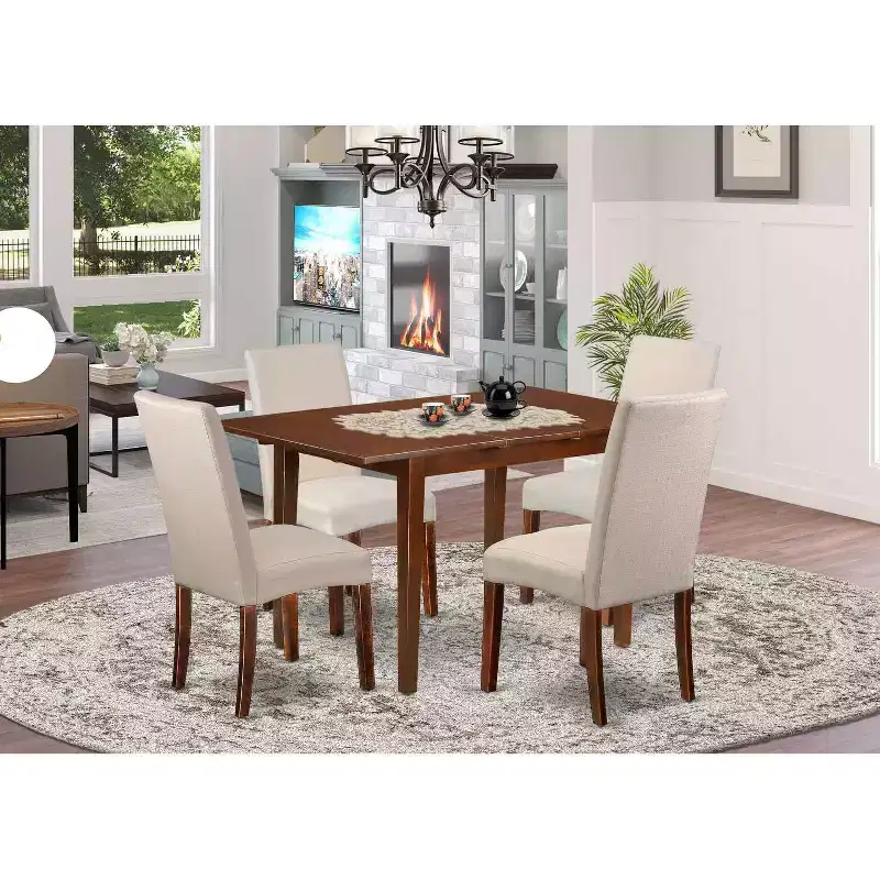 Rectangle Kitchen Table Set 5pc - 48/60 Table w/ Butterfly Leaf & 4 Chairs - Linen Fabric Cream