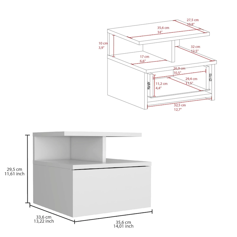 Adele Floating Nightstand with Open Shelf, Drawer, White