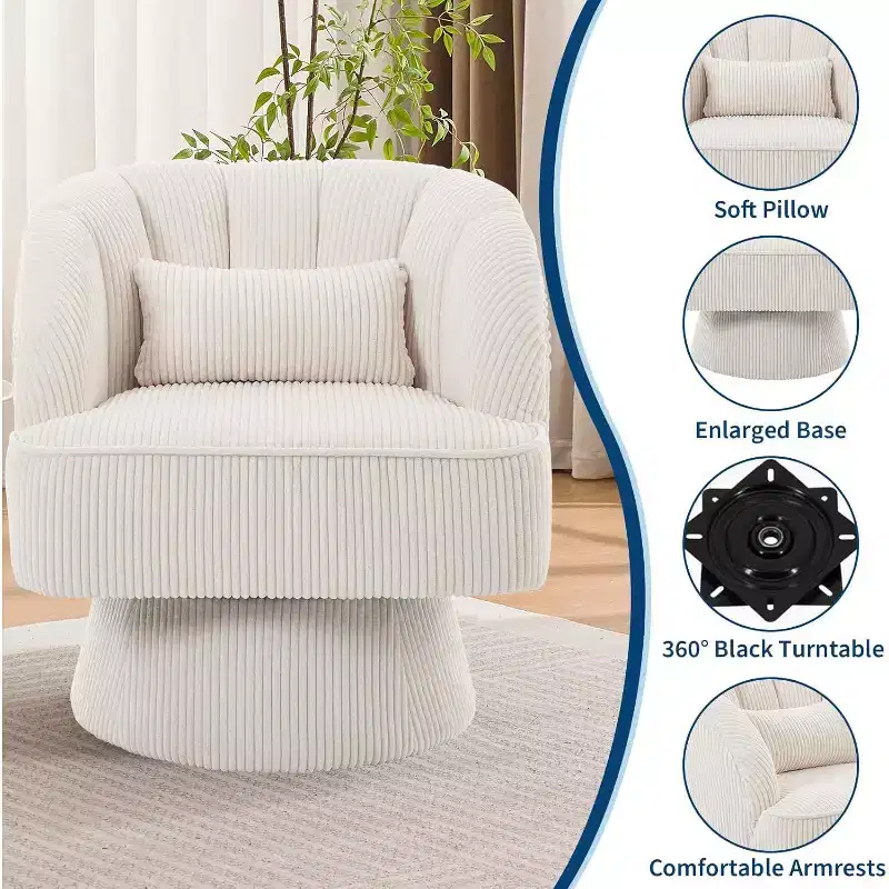Modern Swivel Barrel Accent Chair, 360 Upholstered Armchair with Striped Backrest & Plush Padding