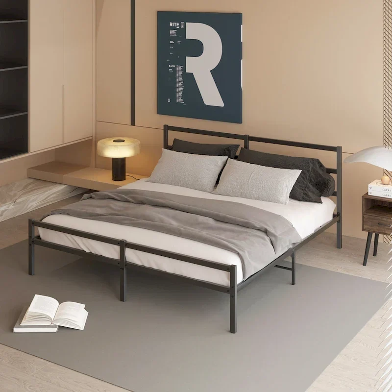 Black Metal King Platform Bed Frame with Headboard - Upgraded Folding Design