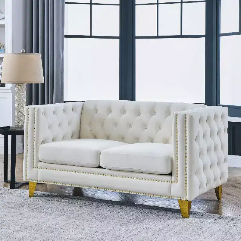 Button-Tufted Velvet 2-Seater Sofa with Square Arms & Metal Legs, Nailhead Trim