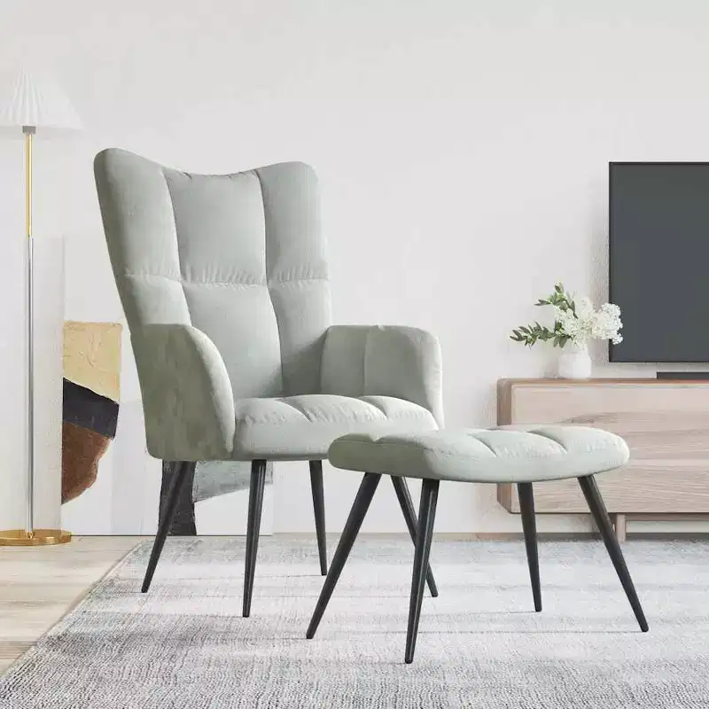 Light Grey Velvet Relaxing Chair with Footstool