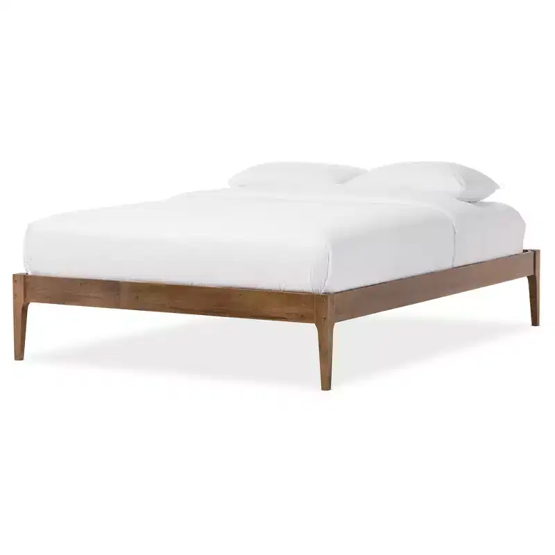 Queen Mid-Century Modern Solid Wood Bed Frame Walnut Brown : Rubberwood, No Box Spring Needed