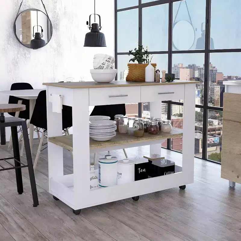 46IN Kitchen Island with 2 Open Shelves, 2 Drawers and Metal Handles, Kitchen Cart on Wheels, White