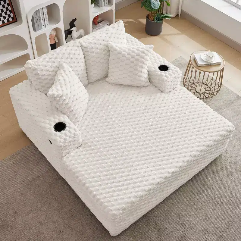 60 Oversized Chaise Lounge with USB Ports - Corduroy Upholstered Sofa Bed with Cup Holders for Living Room Bedroom - Beige