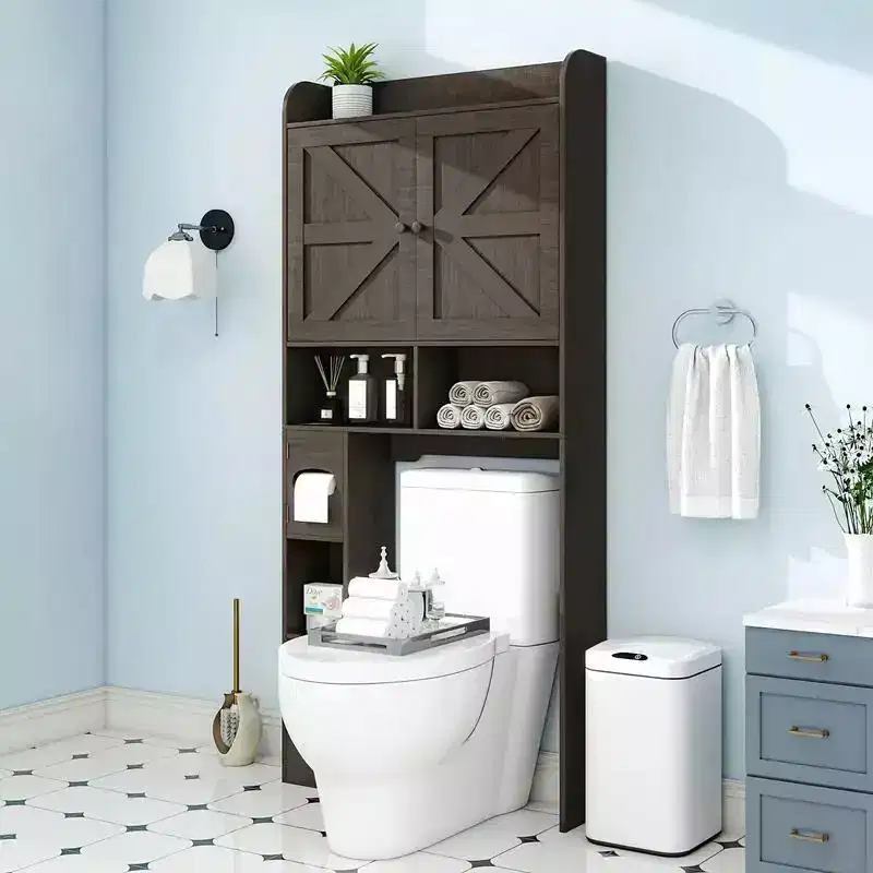 Dyonery 32.3''W Over The Toilet Shelf with Toilet Paper Holder, Bathroom Organizers and Storage Over Toilet with Adjustable Bottom BarWhite/Gray