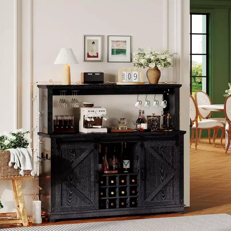 55 Farmhouse Coffee Bar Cabinet w/ Power Outlet & LED Lights - Sliding Barn Door, Wine Rack, USB Charging Station | Black/Brown/White