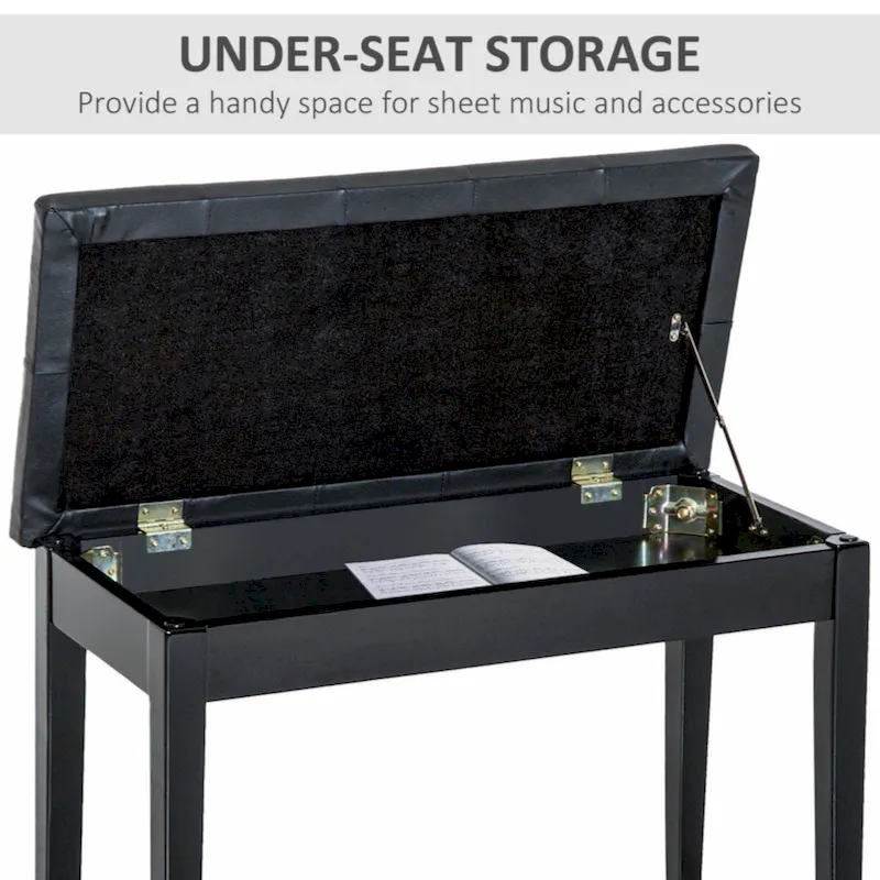 Duet Piano Chair with Faux Leather Padded Cushion and Wooden Frame, Button Tufted Keyboard Bench, Black