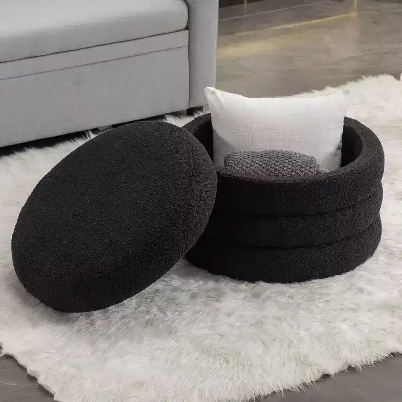 Modern Round Storage Ottoman Bench Vanity Chair Soft Velvet Upholstered Footrest Stool With Wooden Shelving for Couch Bedroom Entrance