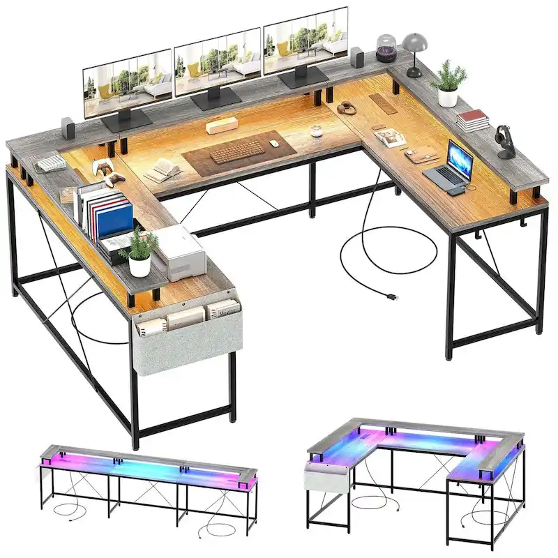 Reversible U-Shaped Computer Desk with LED Lights & Power Outlets, 2-Person