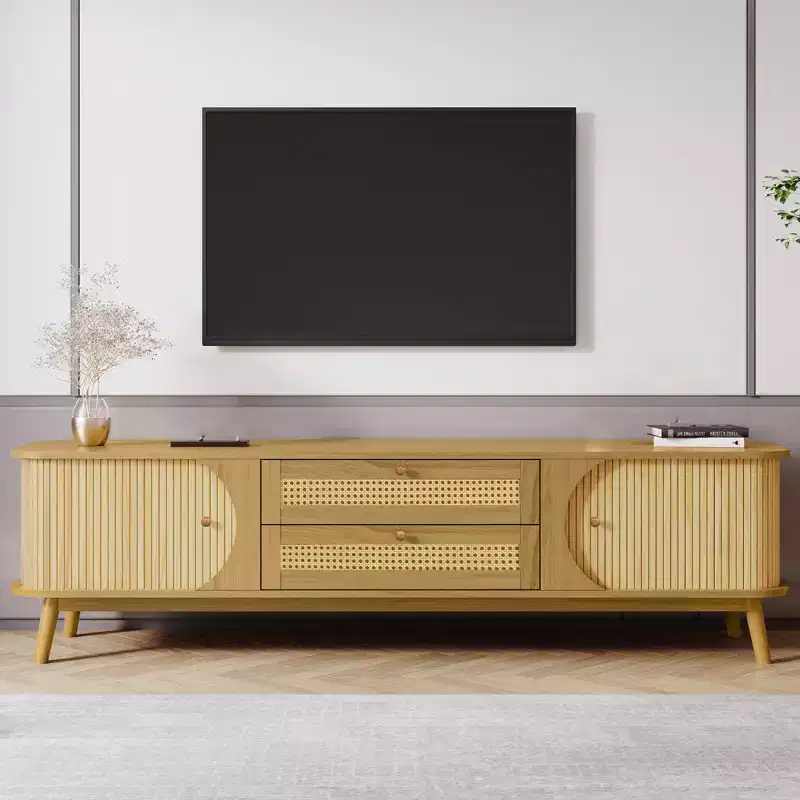 Rattan TV Stand for TVs up to 75'', Entertainment Center with Cabinet & Drawers, Media TV Console Table with Solid Wood Legs for Living Room Bedroom