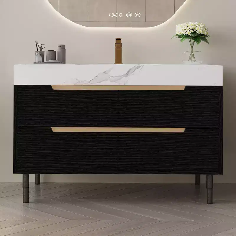 Modern bathroom vanity with undermount sink, sintered stone countertop, waterproof multi-layer solid wood, 4-drawer storage cabinet Black+White