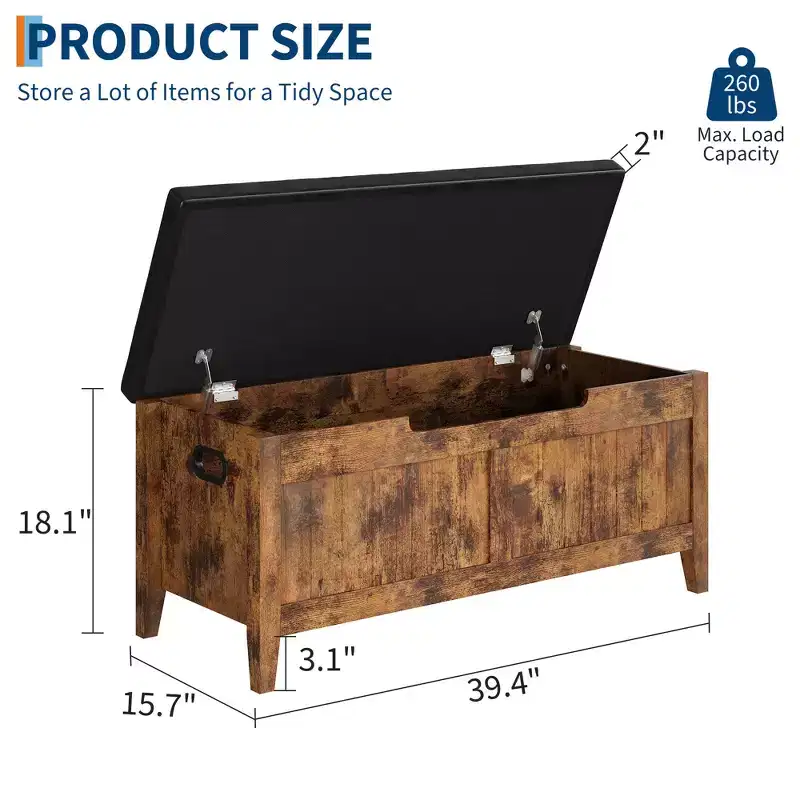 COZONY 39.4 Storage Bench with Lift Top & Cushion, Wooden Entryway Shoe Bench with 2 Safety Hinges, 260LB Load Storage Chest for Bedroom