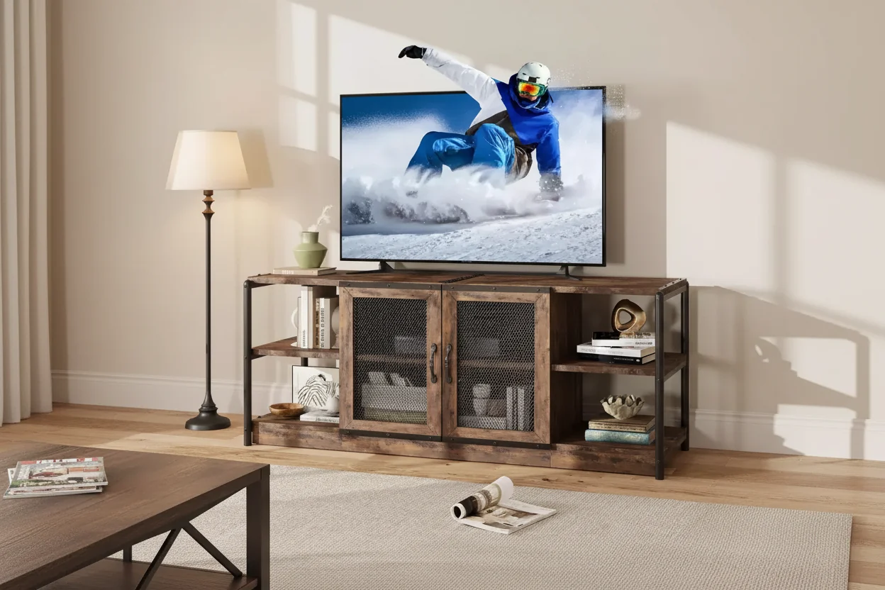 Farmhouse TV Stand for 65-75 Inch TVs with Storage Cabinet and Mesh Doors