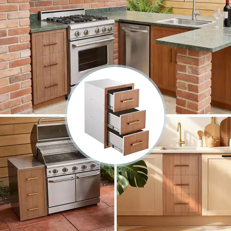 Outdoor Kitchen Drawers 16 W x 28.5 H x 20.5 D, Flush Mount Triple Access BBQ Drawers with Stainless Steel Handle for Outdoor Kitchens, BBQ Island