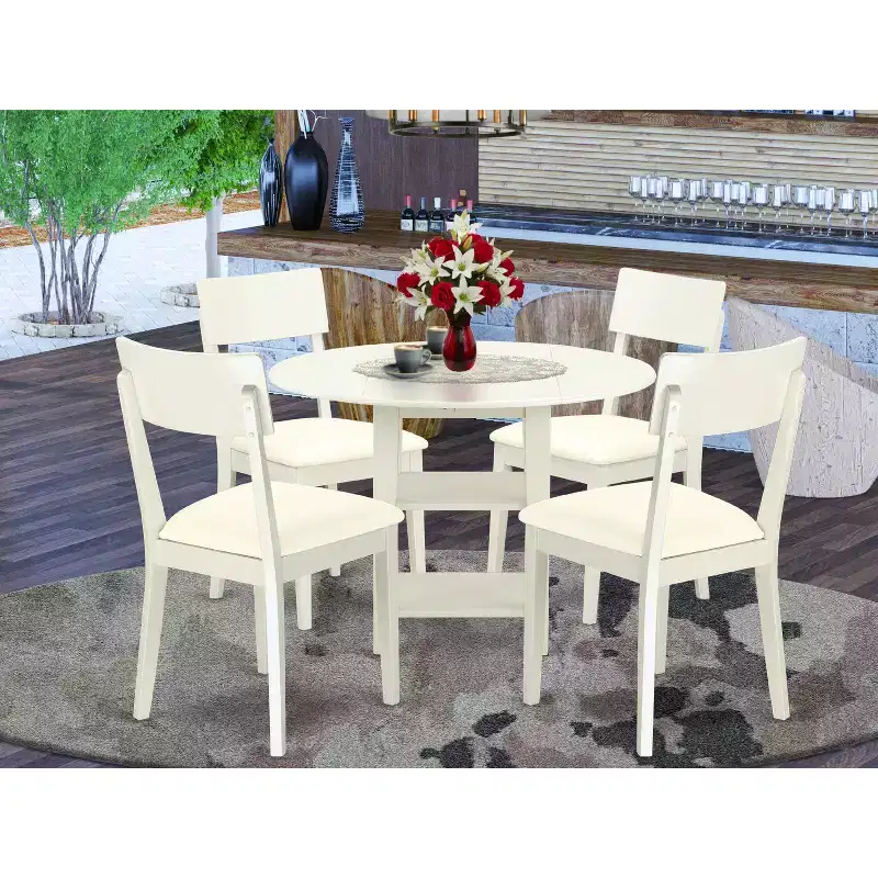 HomeStock 5-Pc Linen White Finish Solid Wood Top - Round Dining Room Set - Seats-4