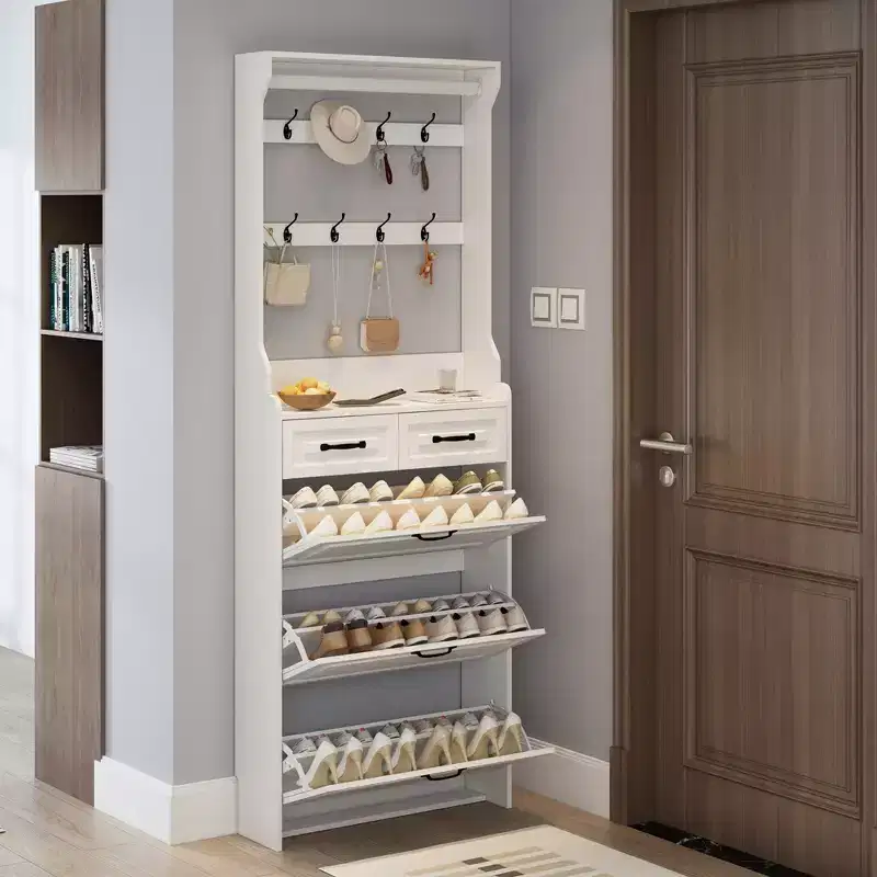 White Shoe Cabinet With 3 Doors 2 Drawers With Hanger