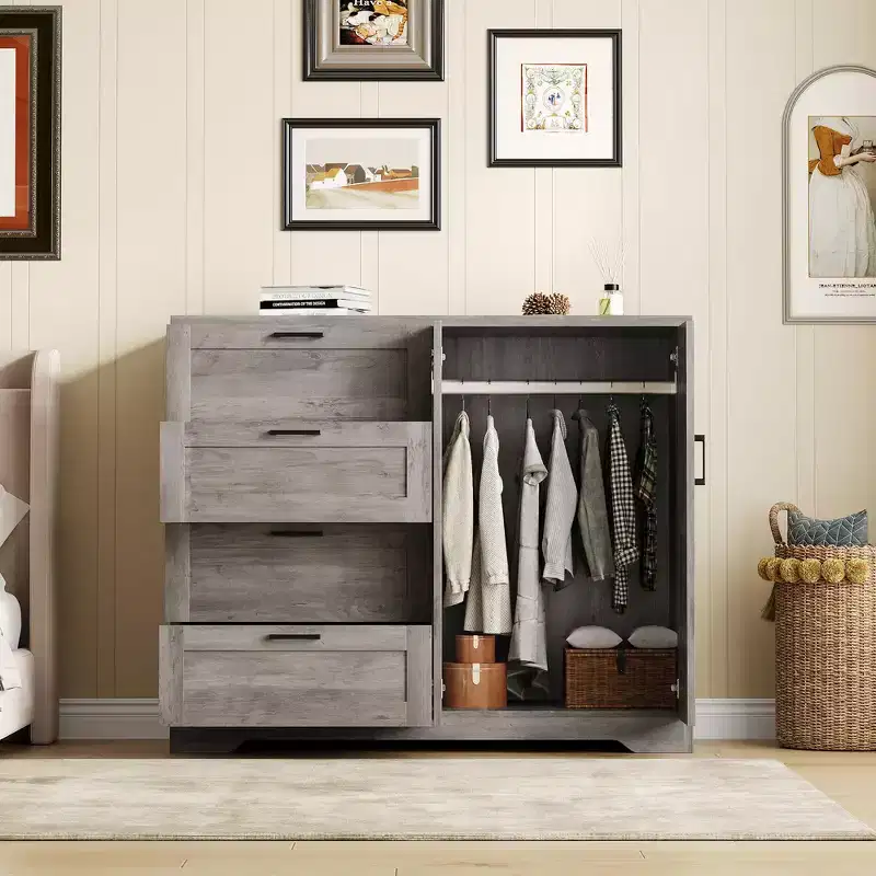 43.3 H Wooden Dresser with Storage Closet, Armoire Wardrobe Closet with 4 Drawers and 2 Doors