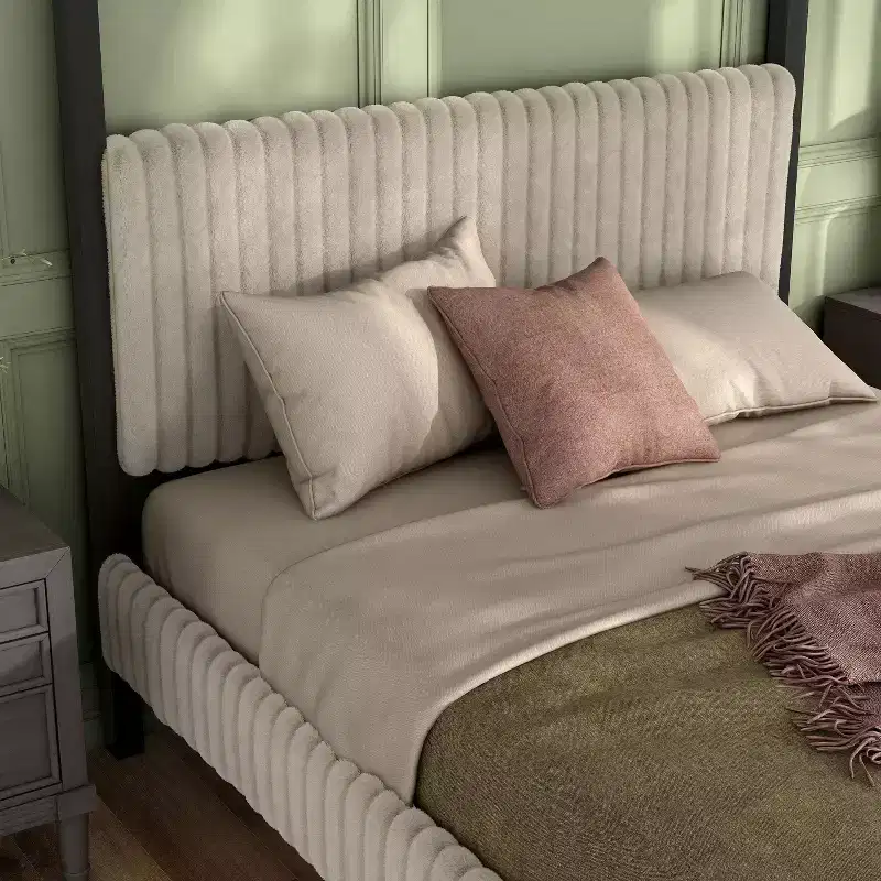 Queen Canopy Platform Bed with Corduroy Upholstered Headboard – Light Brown
