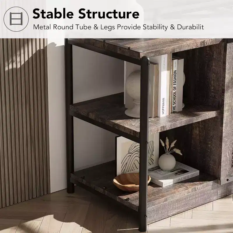 TV stand, suitable for TVs 65 inches and above, with mesh doors and shelves, rustic style, storage function, living room furniture.