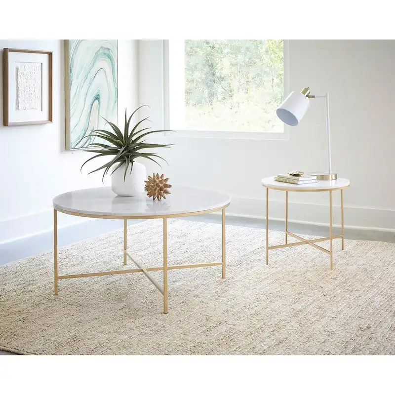 Round Faux Marble End Table with Metal Legs in White and Gold